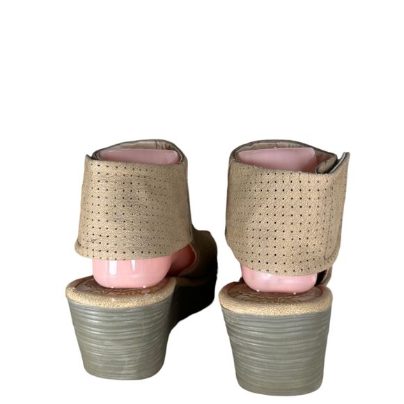 Fly London Yahl Brown Tan Beige Leather Wedge Ankle Peep Toe Size 39 US 8/8.5 - Picture 6 of 8